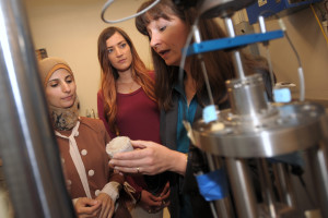 NMSU civil engineering professor Paola Bandini, right, works in her laboratory with graduate students Hend Hussien Al-Shatnawi, left, and Rachelle Mason. (Photo by Darren Phillips)